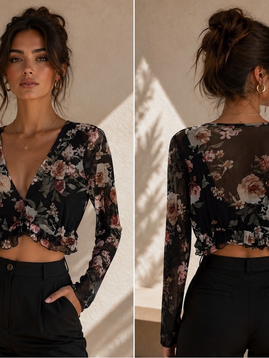 Charlotte Russe Tops - Floral Mesh Ruffle Crop Top - Black